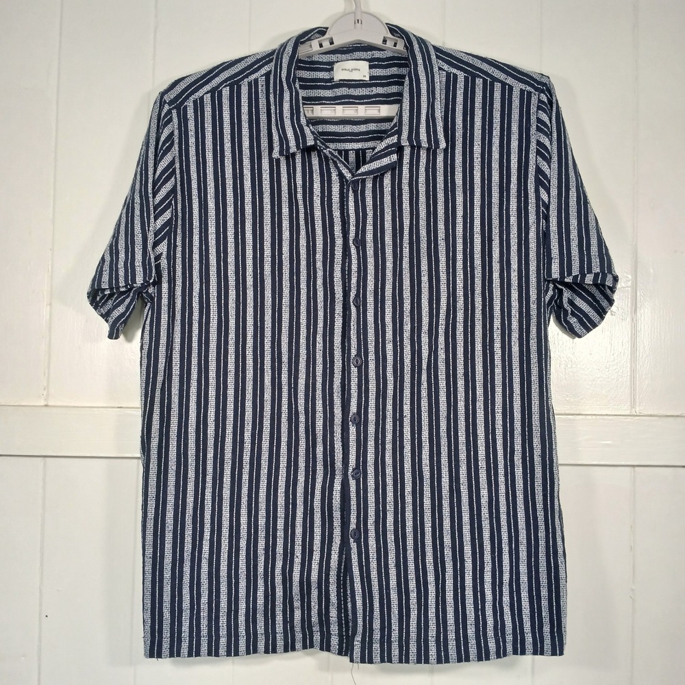 Public Supply NYC Button Up Men 3X Navy Blue Striped Textured Cotton Shirt